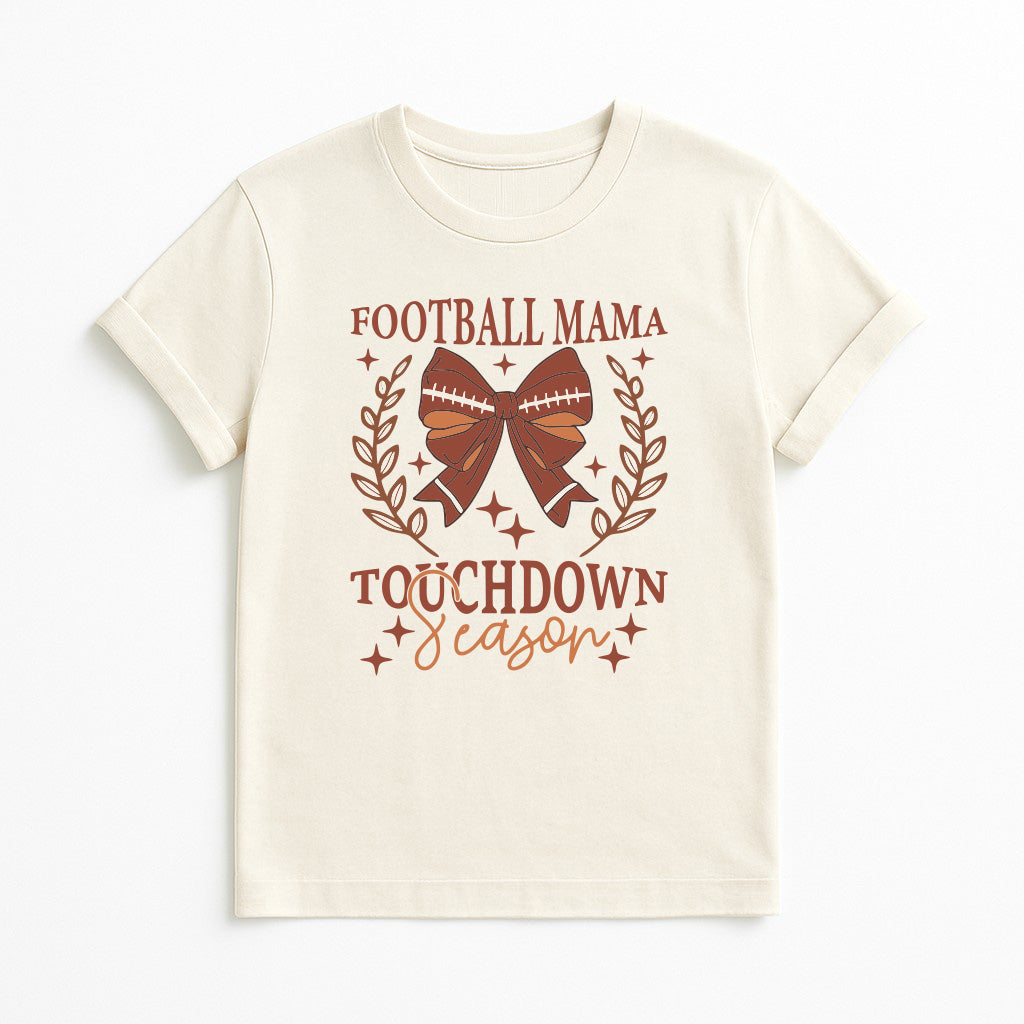 White t-shirt with 'Football Mama Touchdown Season' design on a white background