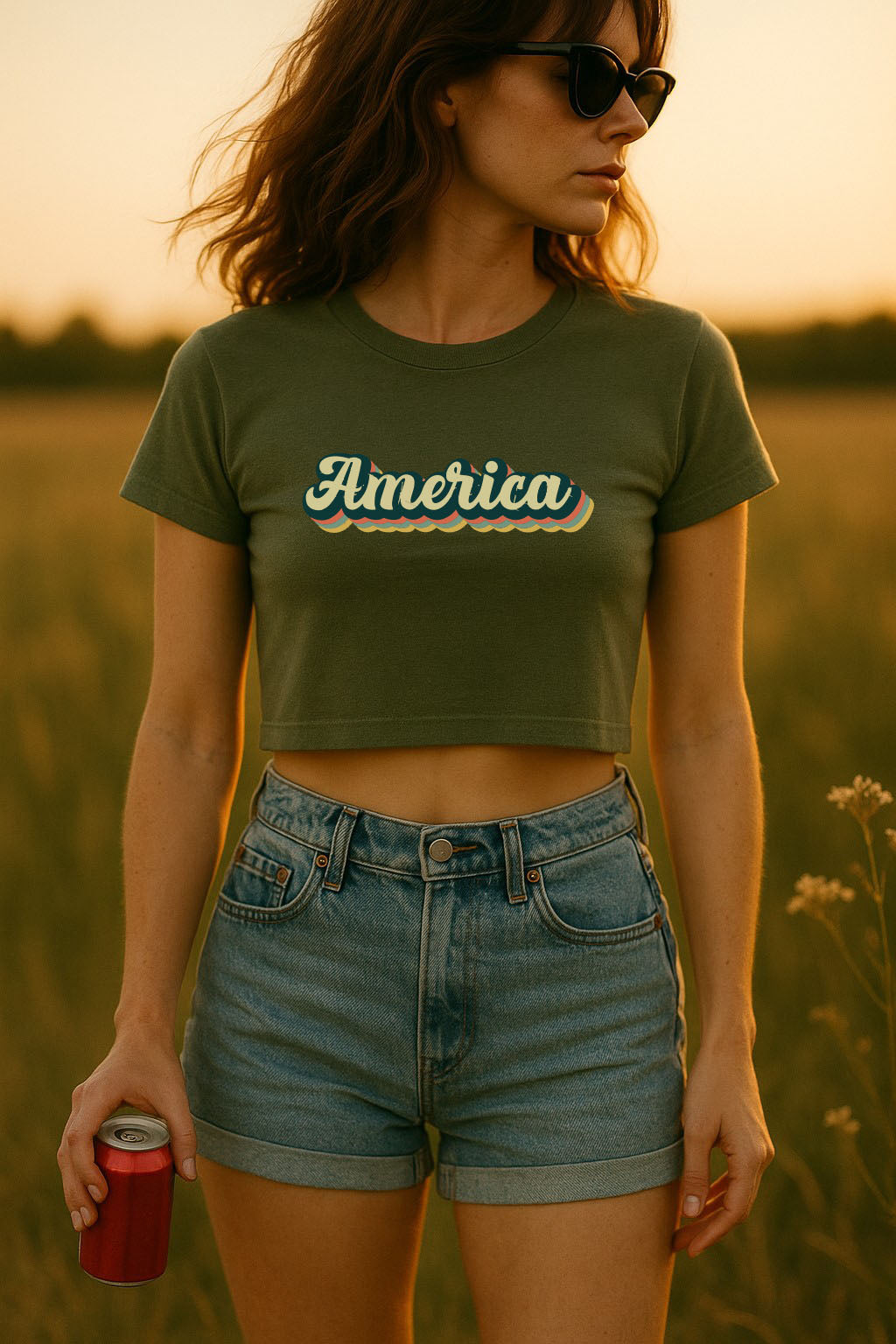 Woman wearing a green 'America' t-shirt and denim shorts, standing in a field at sunset.