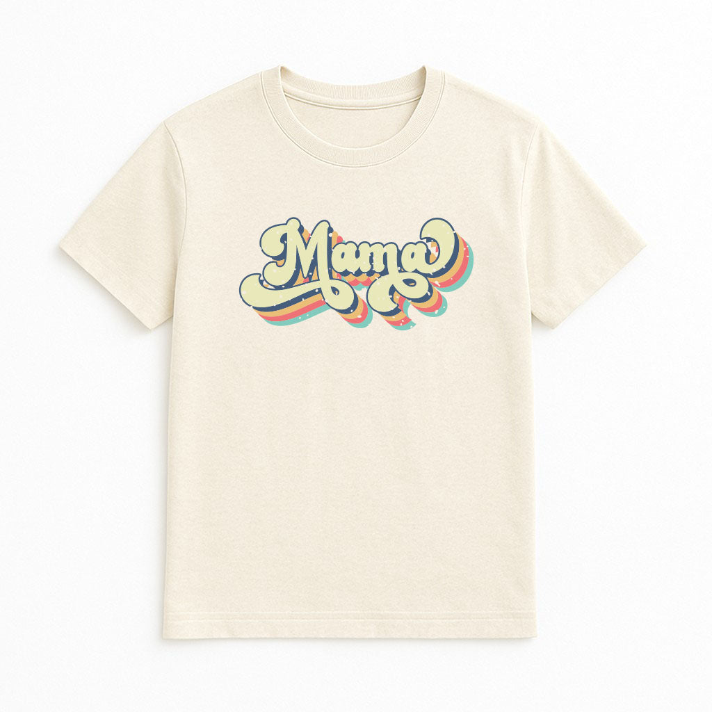 Beige t-shirt with 'Mama' text on a white background