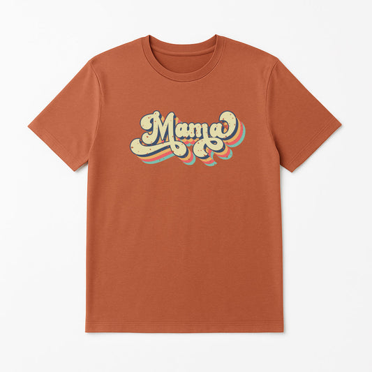 Brown t-shirt with 'Mama' text on a white background