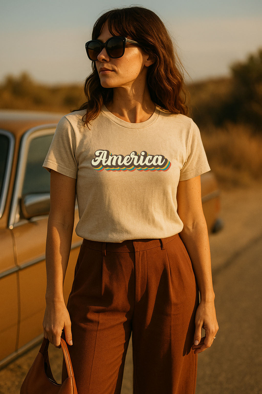 Woman wearing a 'America' t-shirt standing next to a vintage car on a road.