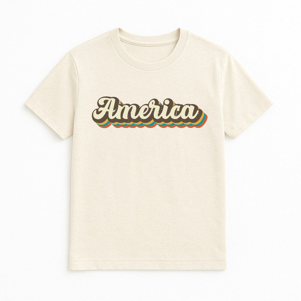 Beige t-shirt with 'America' text on a white background