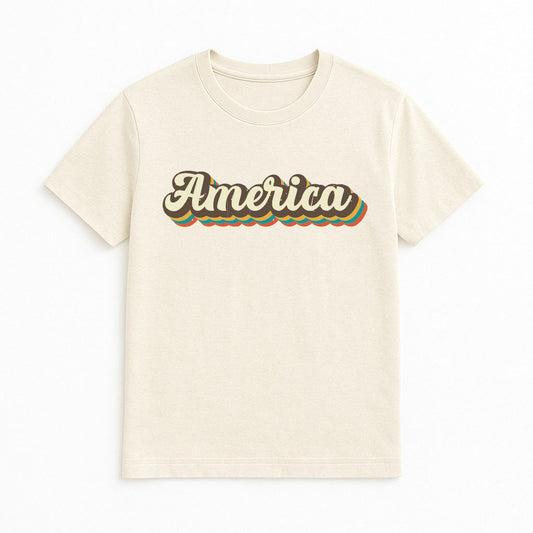 Beige t-shirt with 'America' text on a white background
