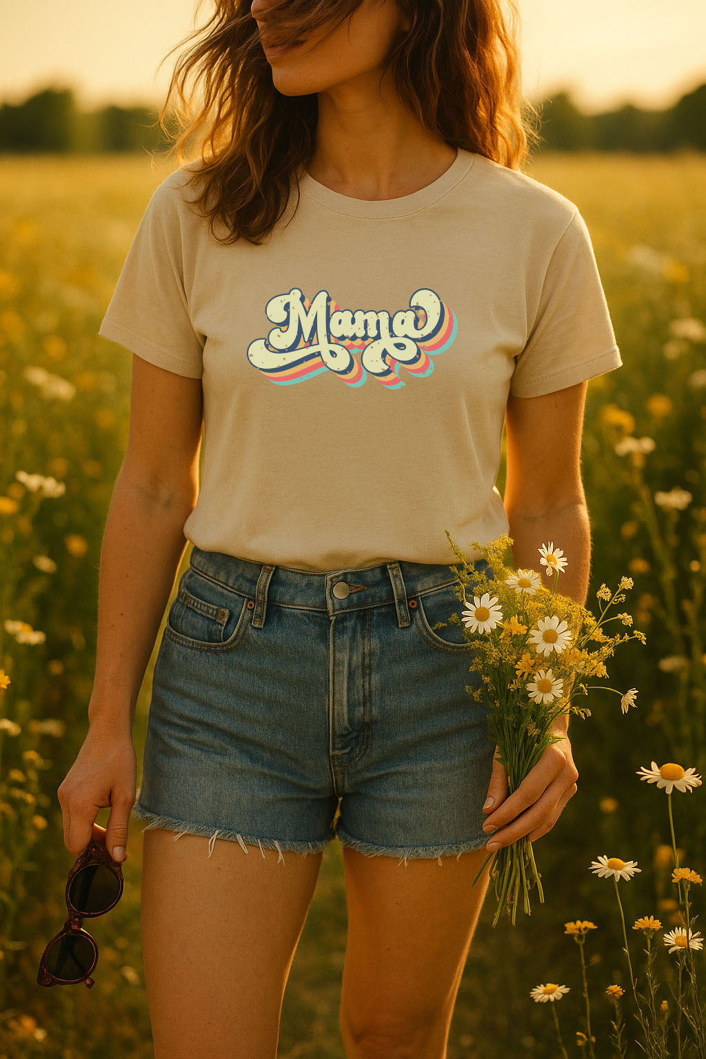 Woman wearing a beige t-shirt with Mama text in a field of flowers