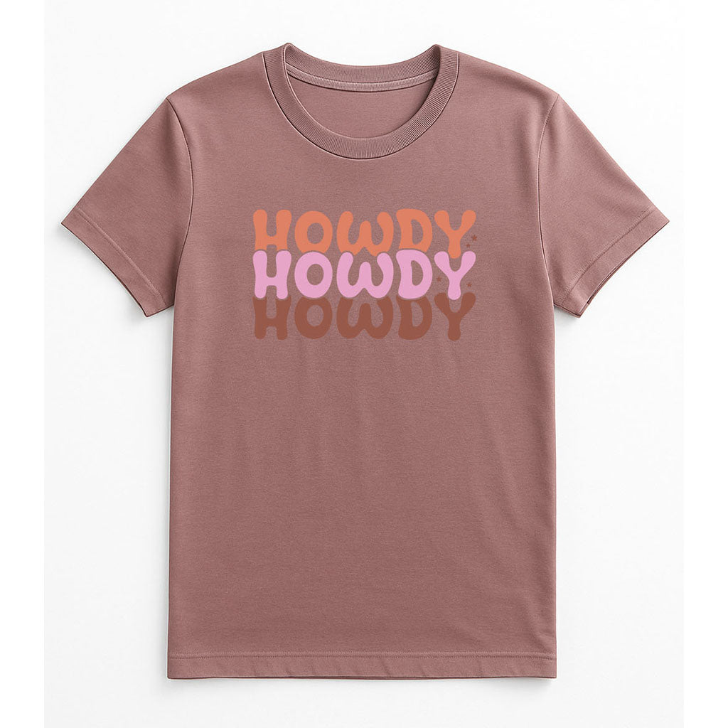 Retro western mauve t-shirt with stacked “Howdy Howdy Howdy” design