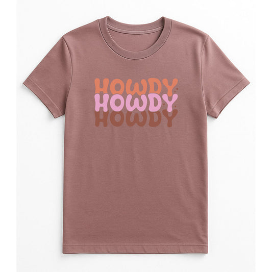 Retro western mauve t-shirt with stacked “Howdy Howdy Howdy” design