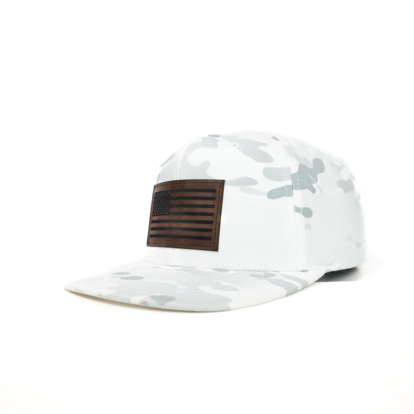 White camouflage cap with brown flag patch on a white background