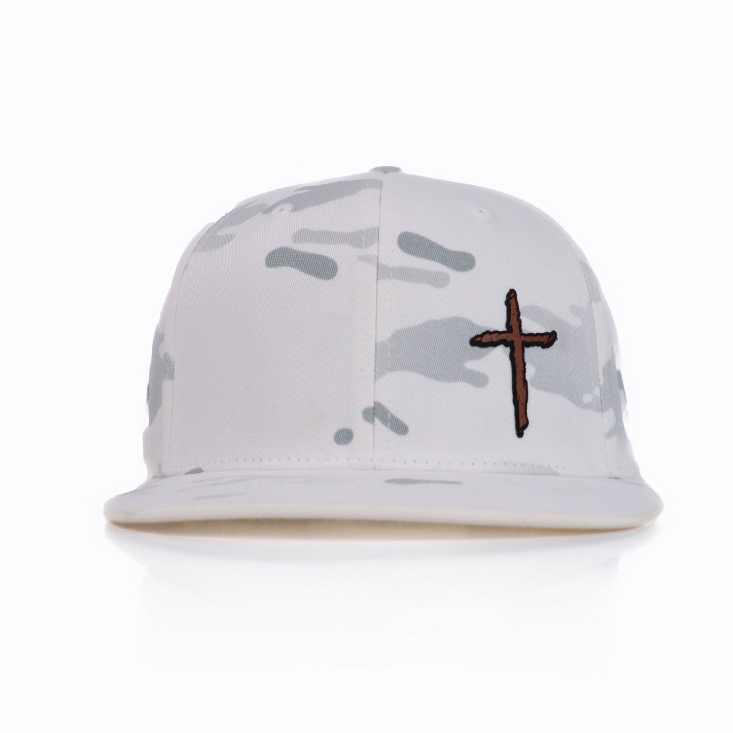 White camouflage cap with a brown cross on a white background