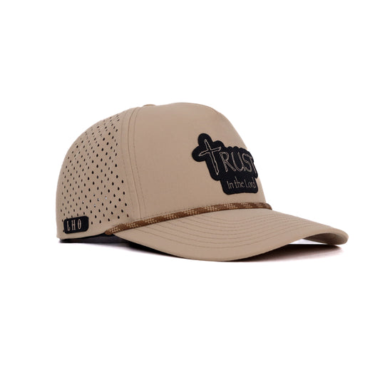 Beige cap with a logo and text on a white background