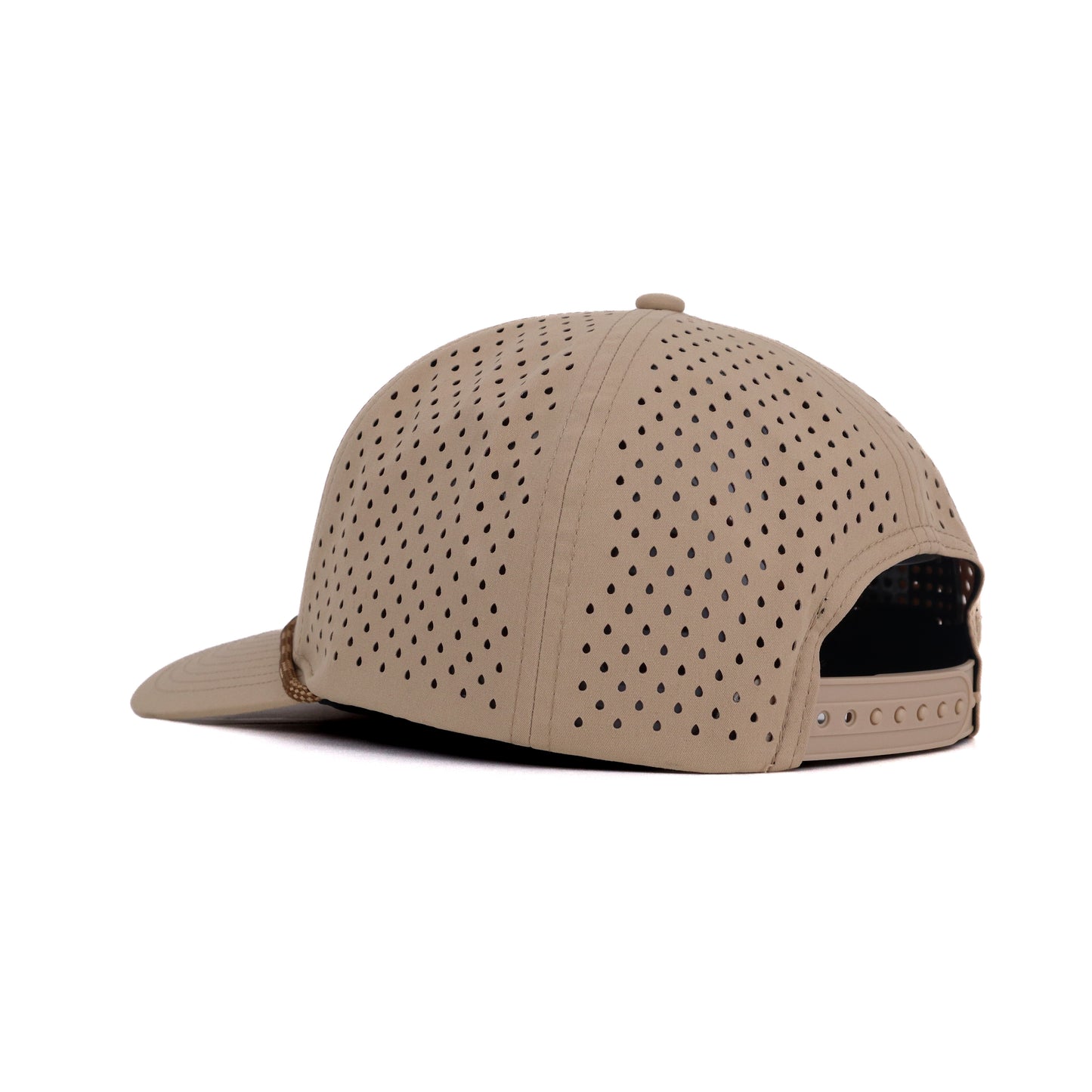 Beige cap with perforated design on a white background