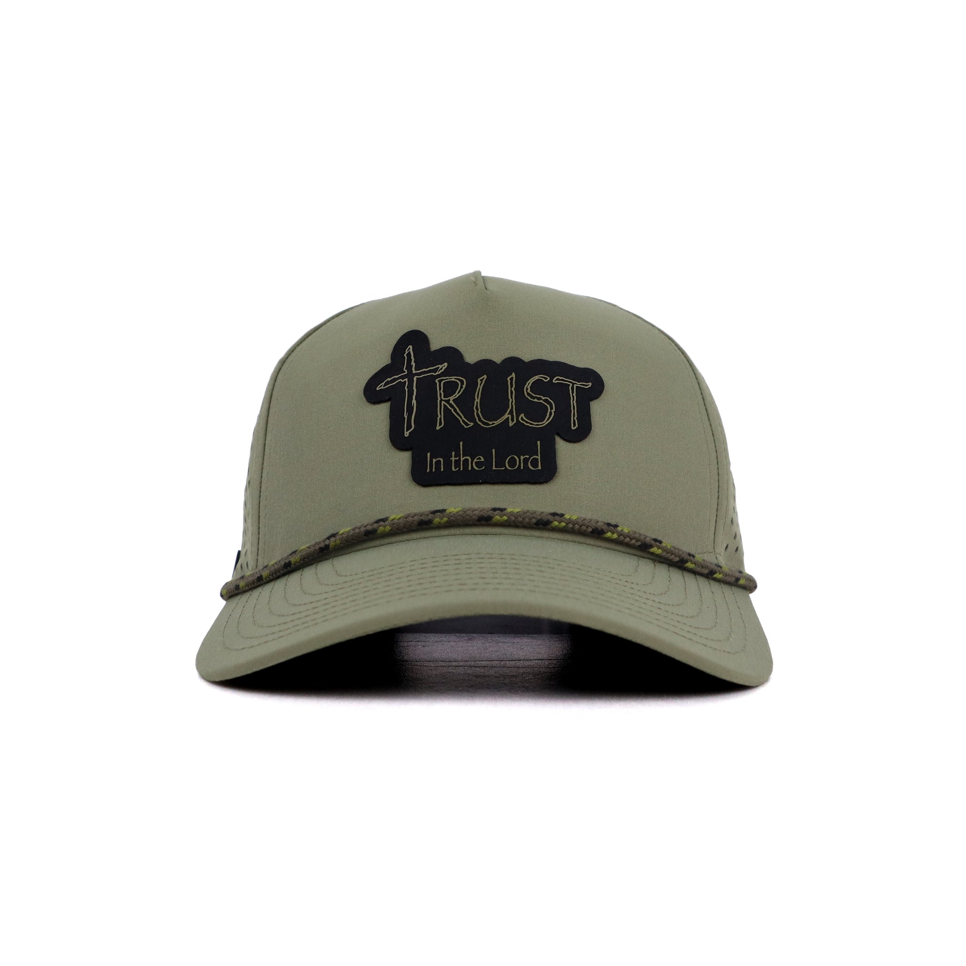 Green cap with 'Trust in the Lord' logo on a white background