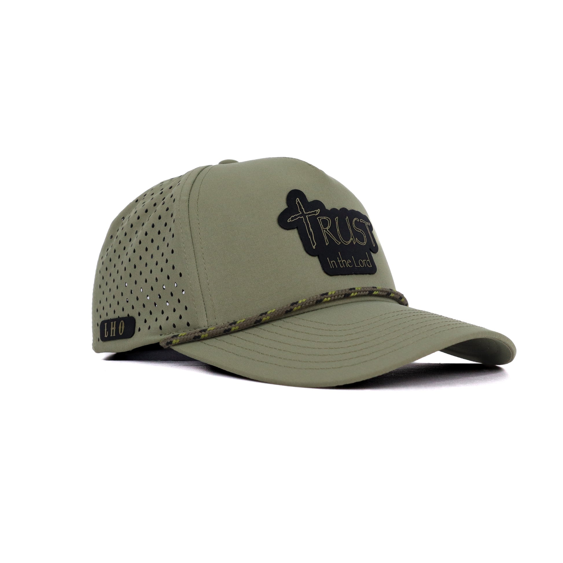 Green cap with a logo and text on a white background