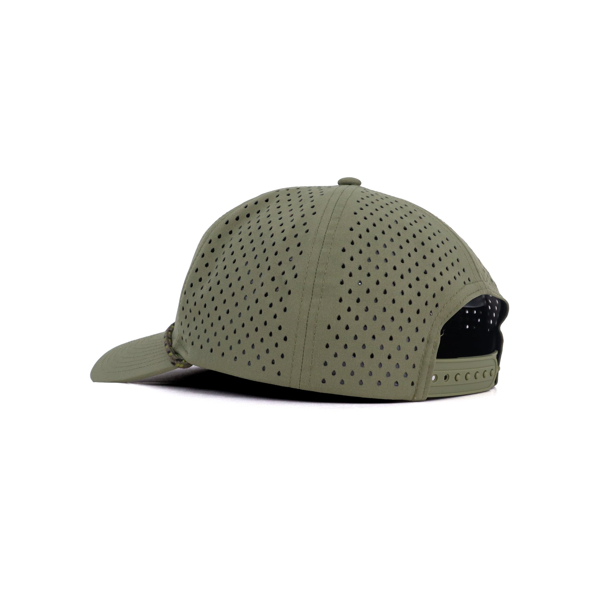 Green baseball cap with perforated design on a white background