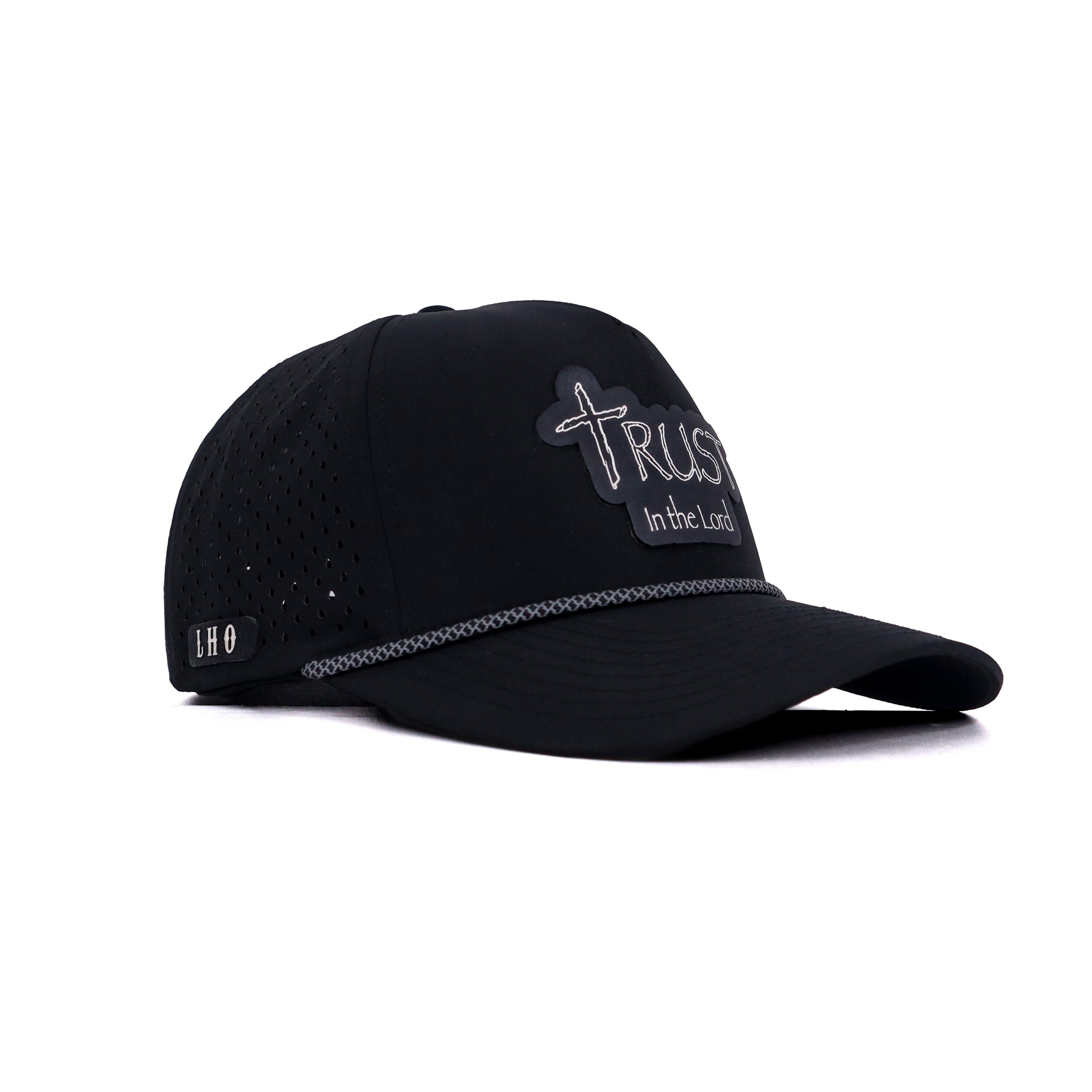 Black cap with text and cross design on a white background