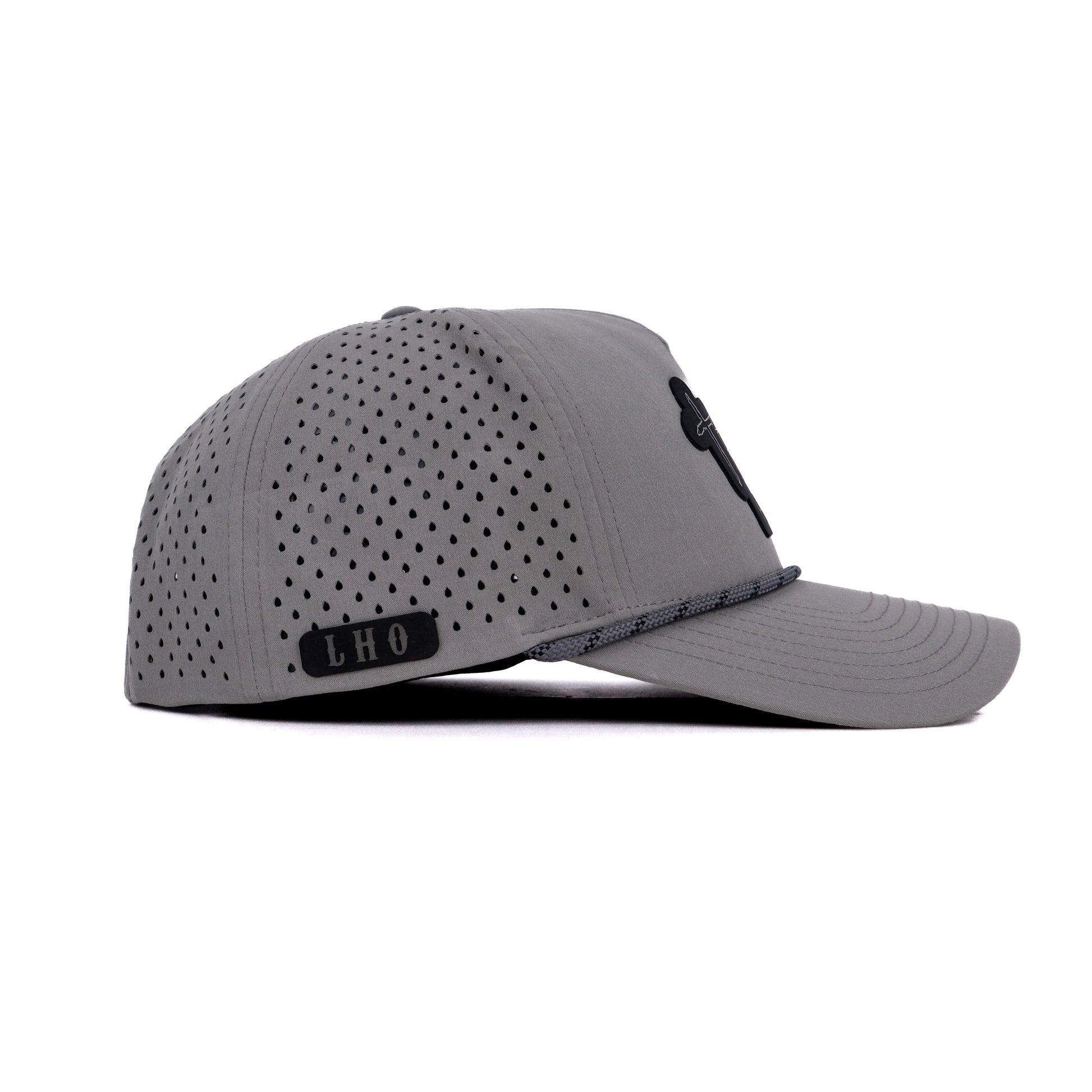 Gray baseball cap with perforated design and 'LHO' logo on a white background