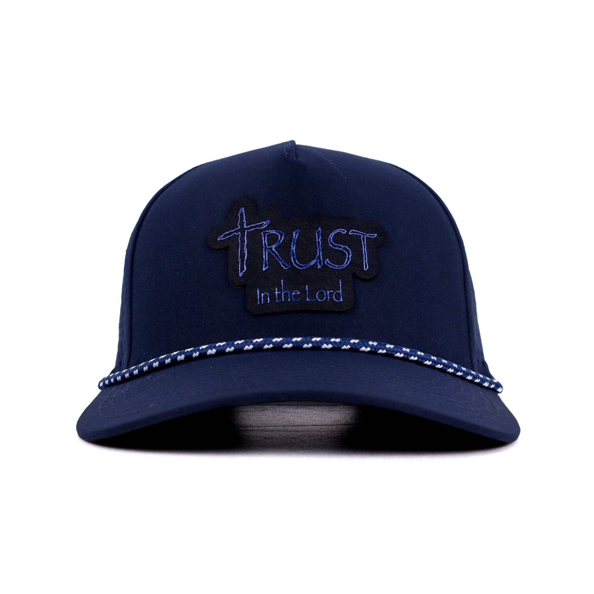 Navy blue cap with 'Trust In The Lord' embroidery on a white background
