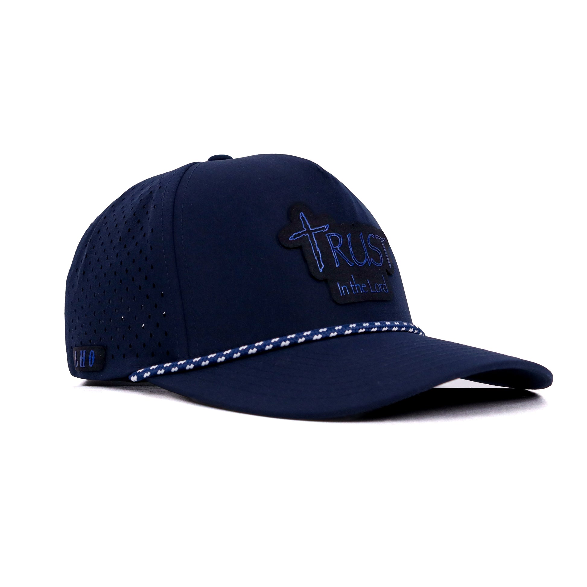 Navy blue cap with white stitching on a white background