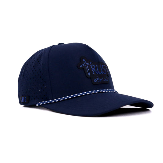 Navy blue cap with white stitching on a white background