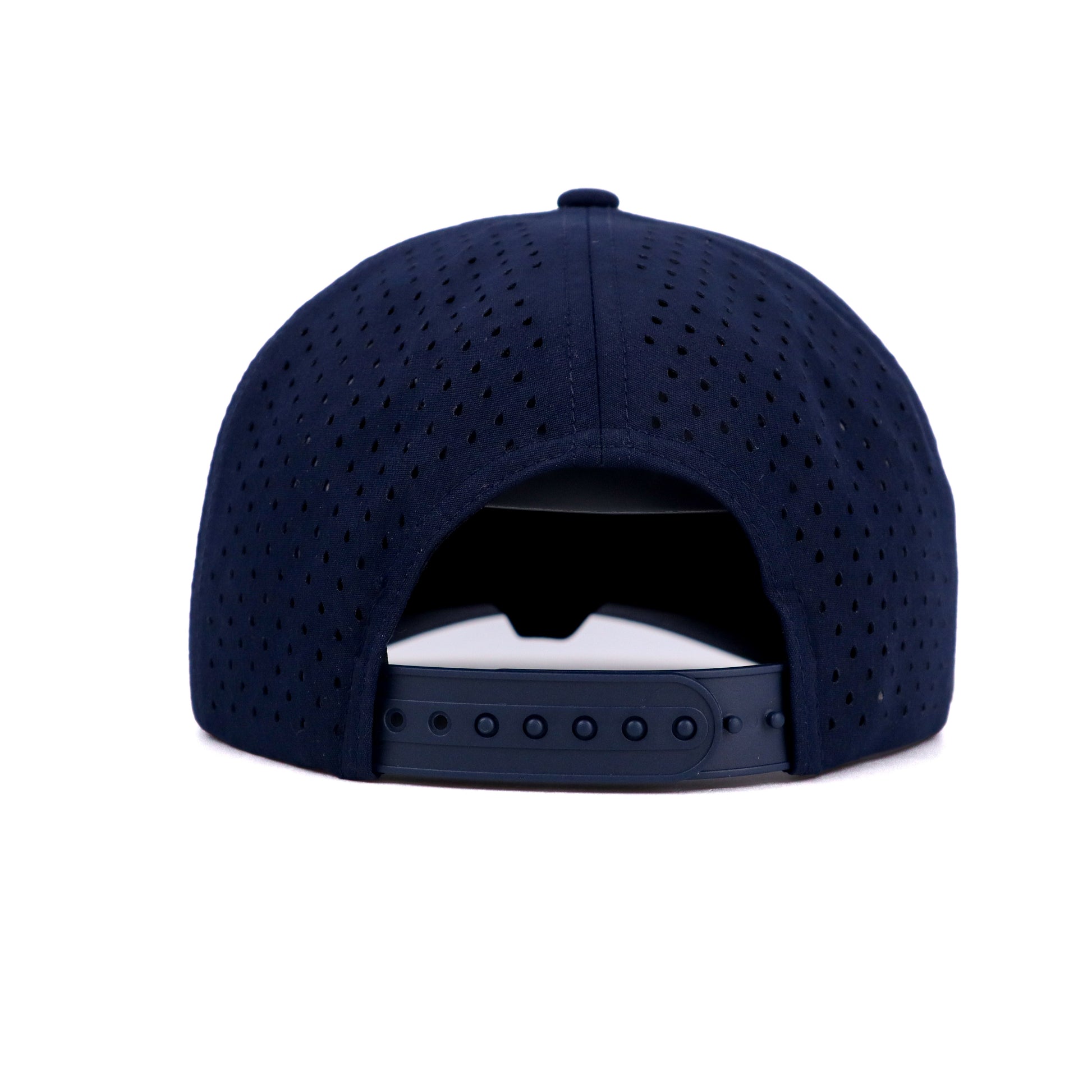 Navy blue baseball cap with perforated design on a white background