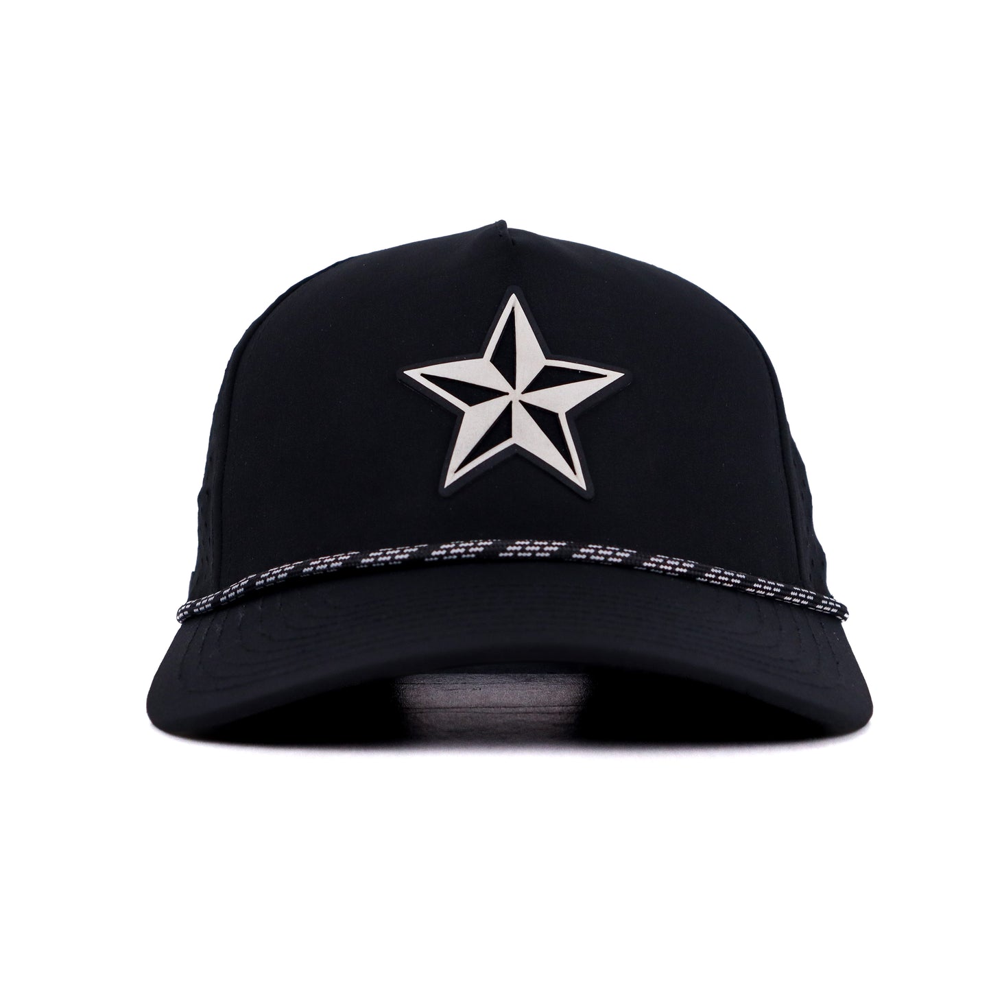 Black cap with a white star design on a white background