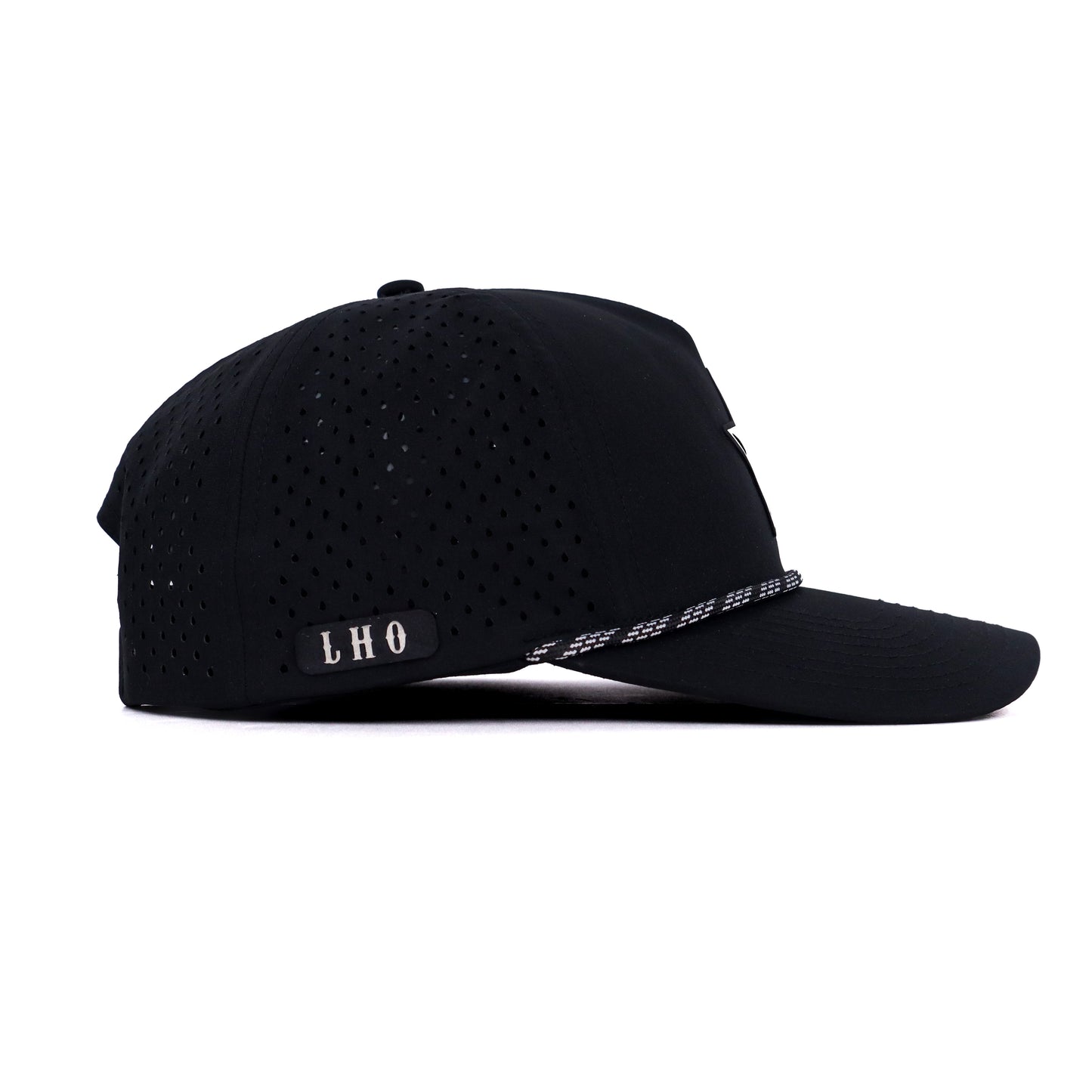 Black cap with 'LHO' branding on a white background