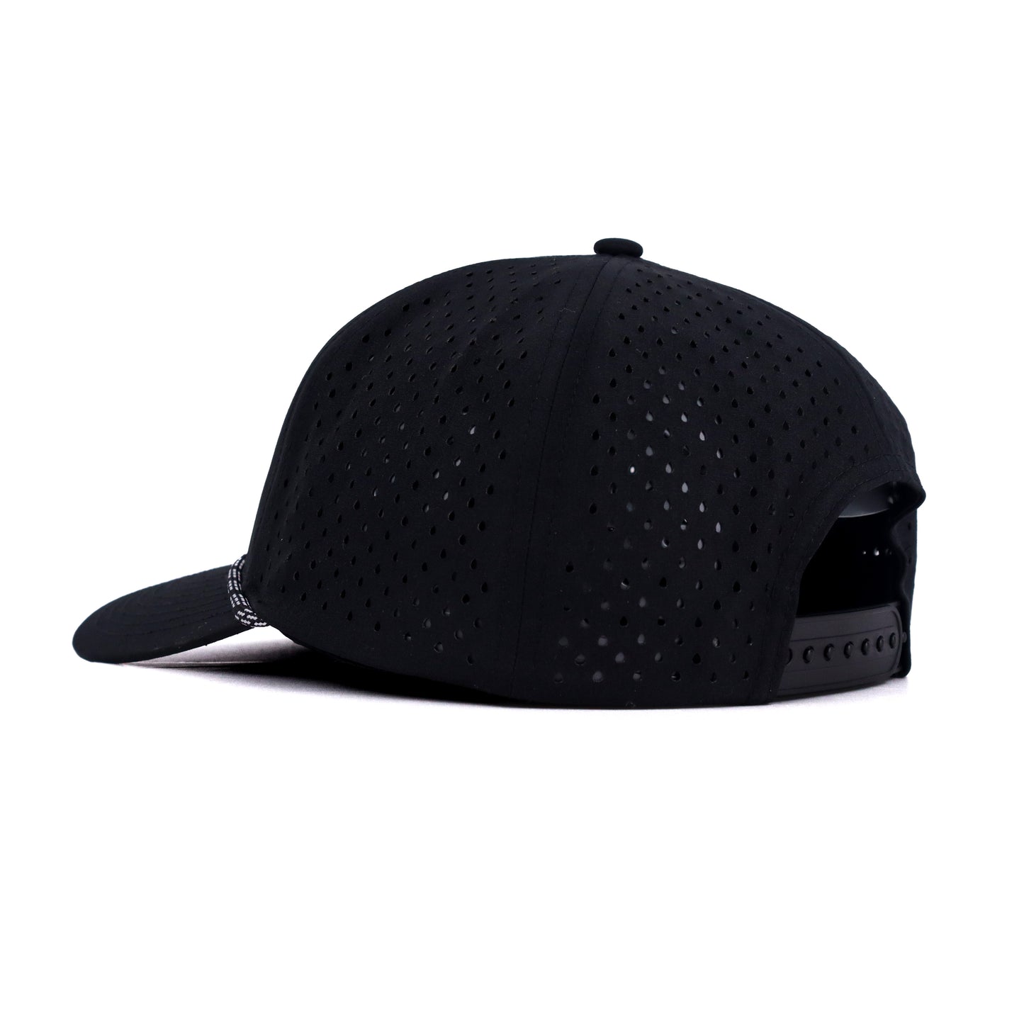 Black cap with perforated design on a white background