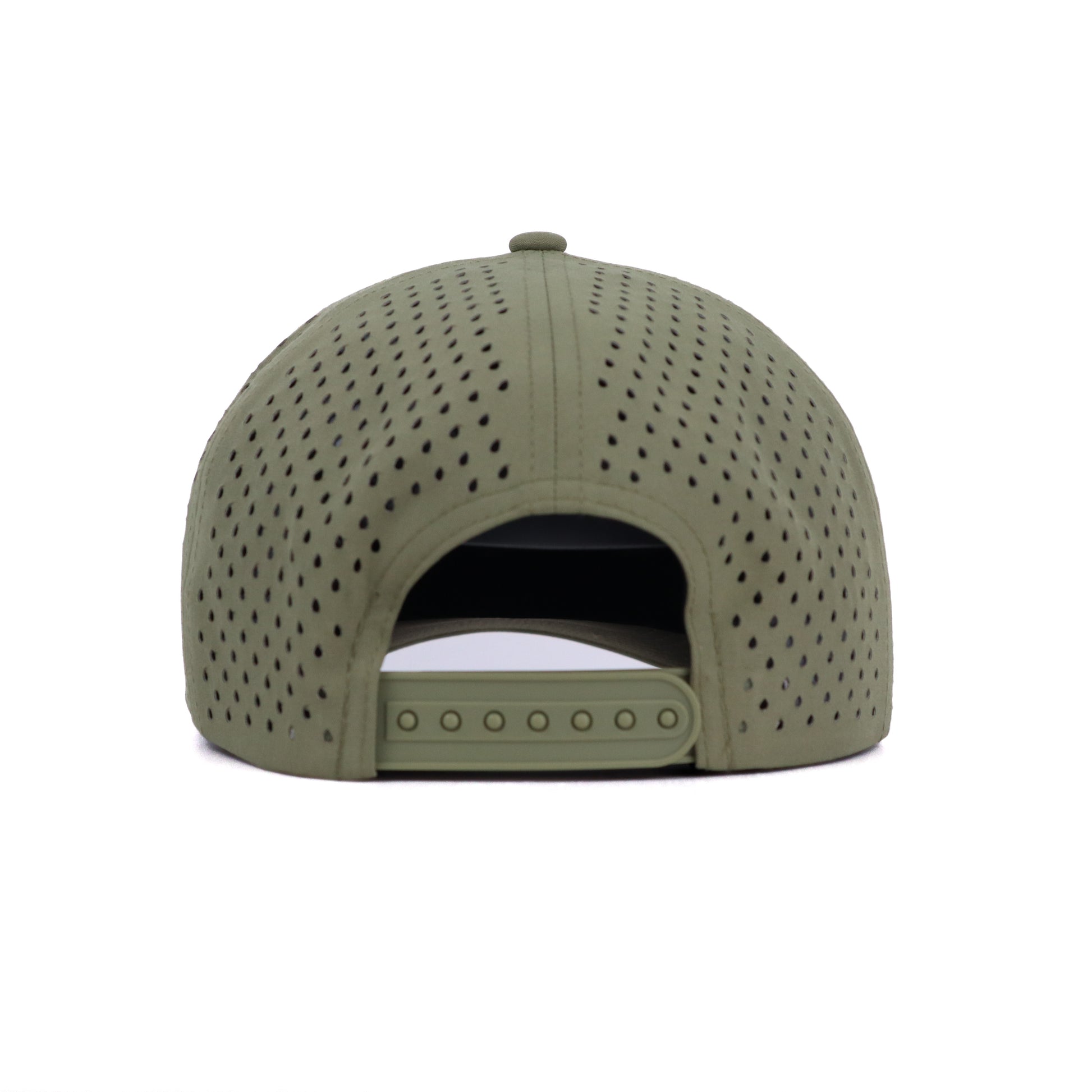 Green baseball cap with perforated design on a white background