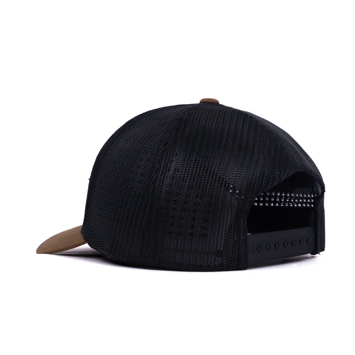 Black cap with brown visor on a white background