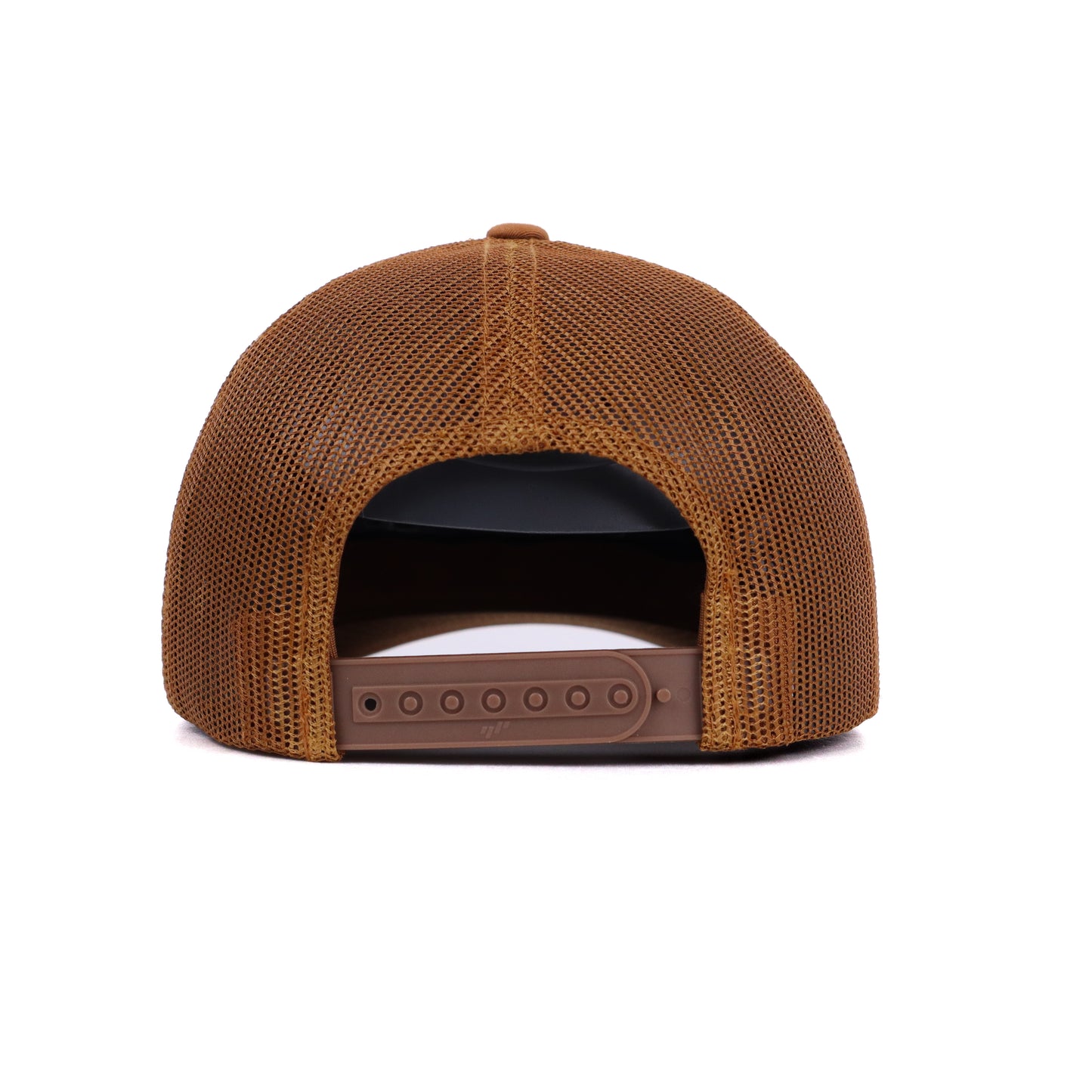 Brown mesh cap with a leather strap on a white background