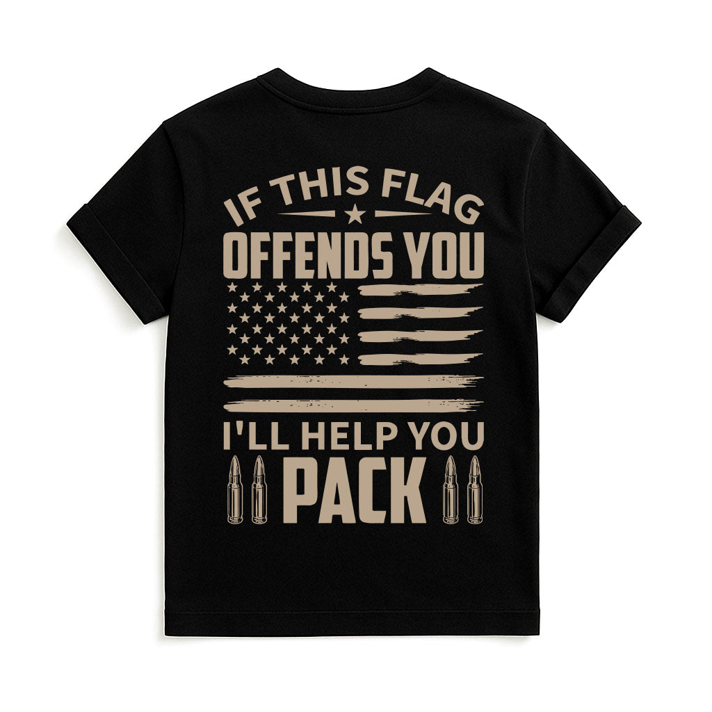Black t-shirt with American flag graphic and text on a white background