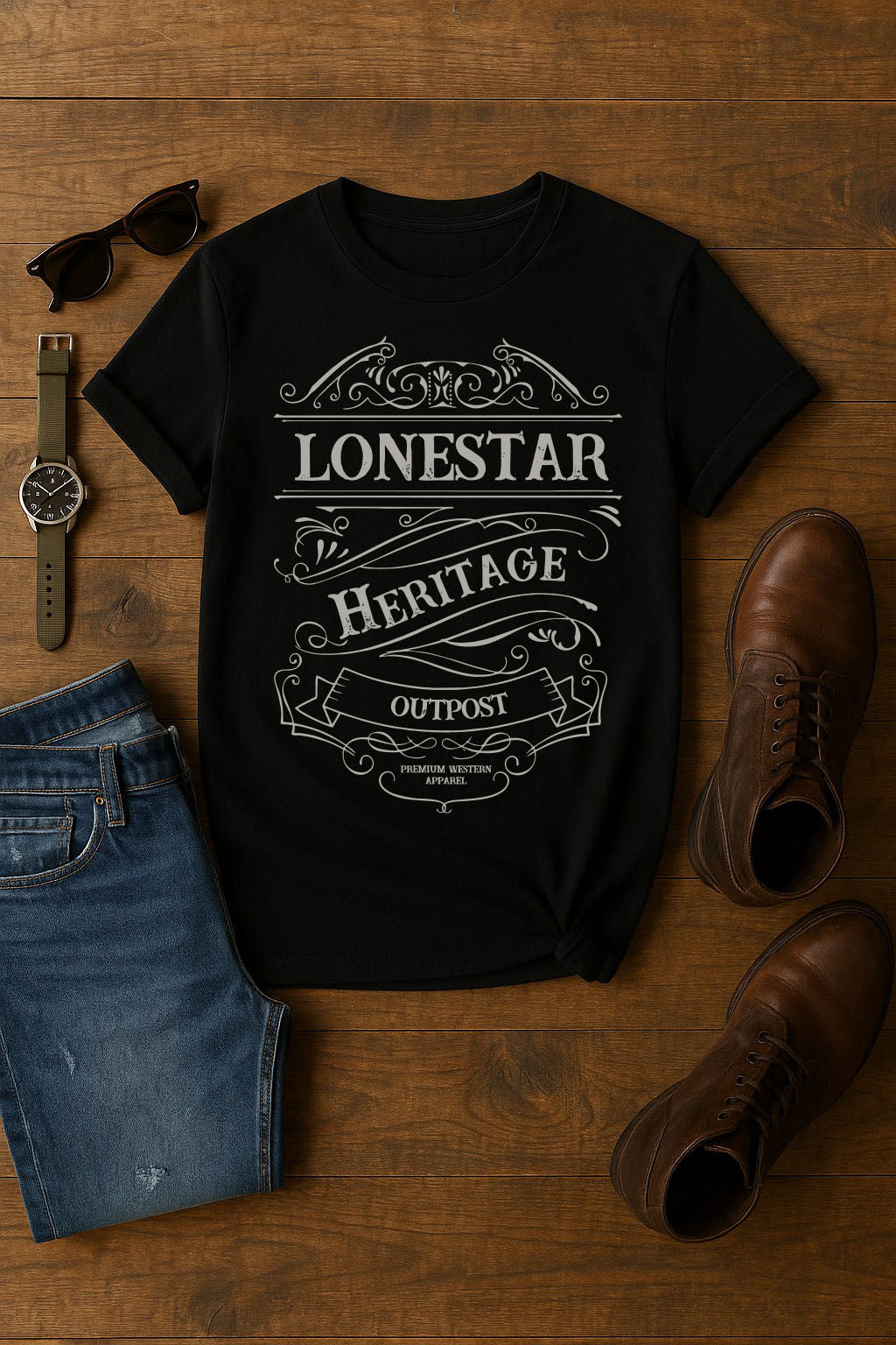 Black t-shirt with 'Lonestar Heritage Outpost' design on a wooden surface with jeans, boots, and sunglasses.
