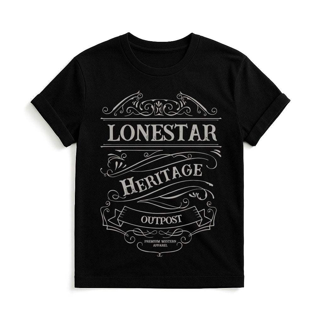 Black t-shirt with Gray text "Lonestar Heritage Outpost" and design on a white background
