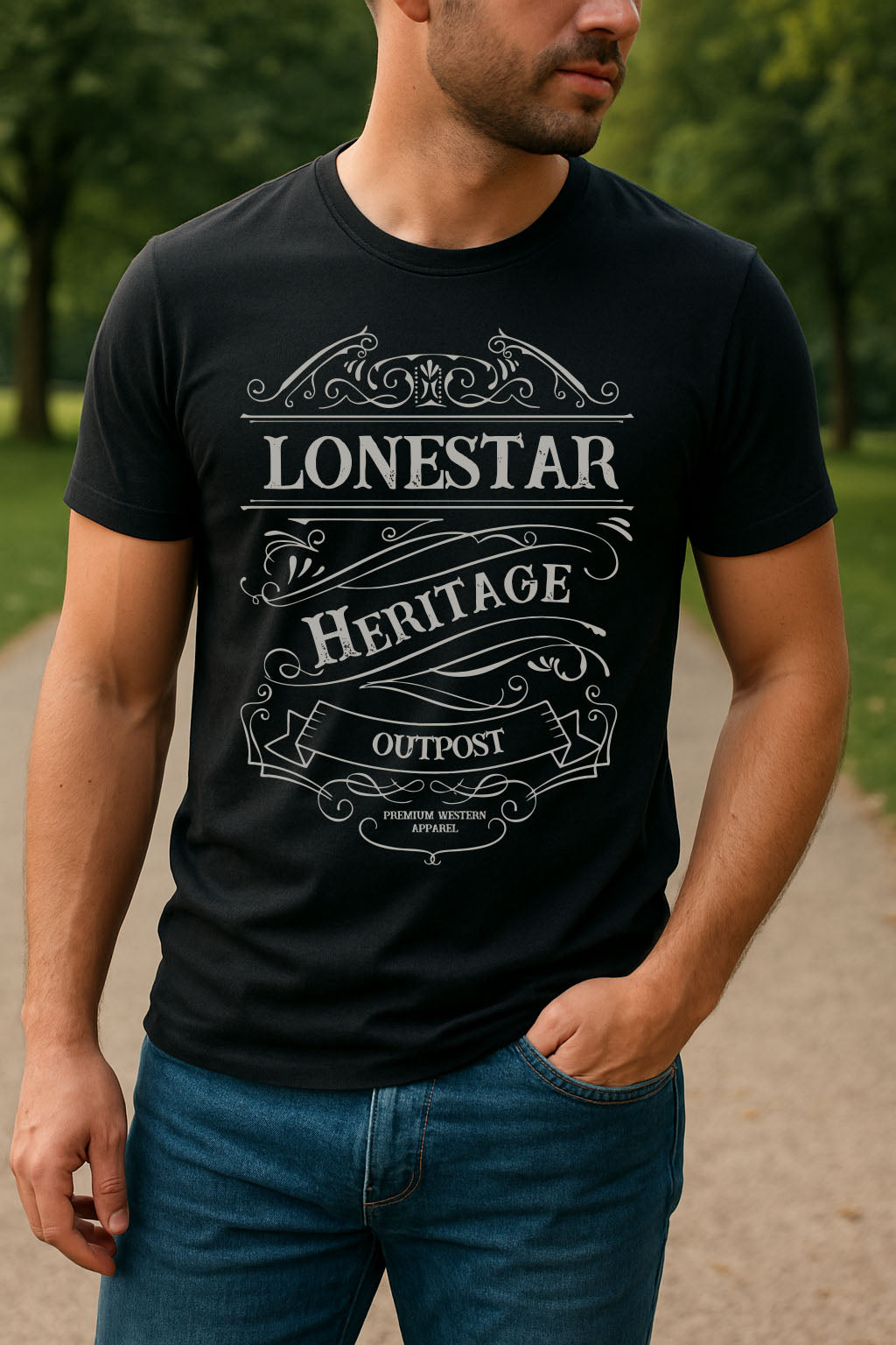 Man wearing a black t-shirt with 'Lonestar Heritage Outpost' design outdoors.