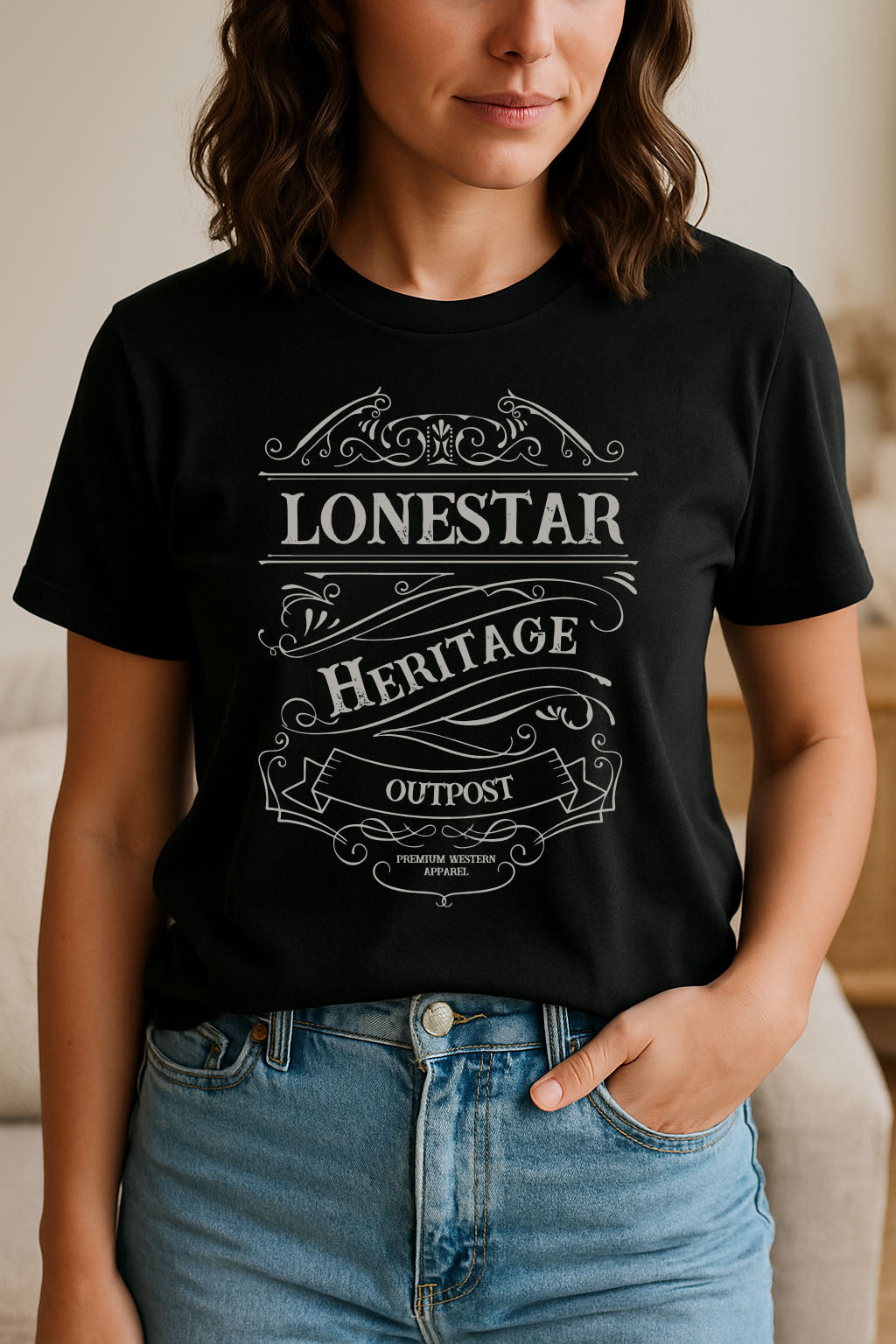 Woman wearing a black t-shirt with 'Lonestar Heritage Outpost' design.