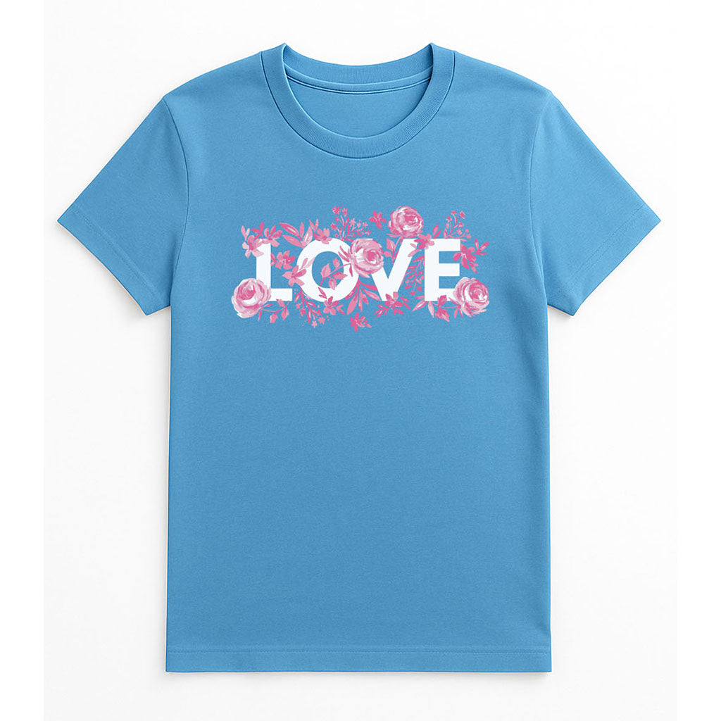 Blue t-shirt with 'LOVE' and floral design on a white background