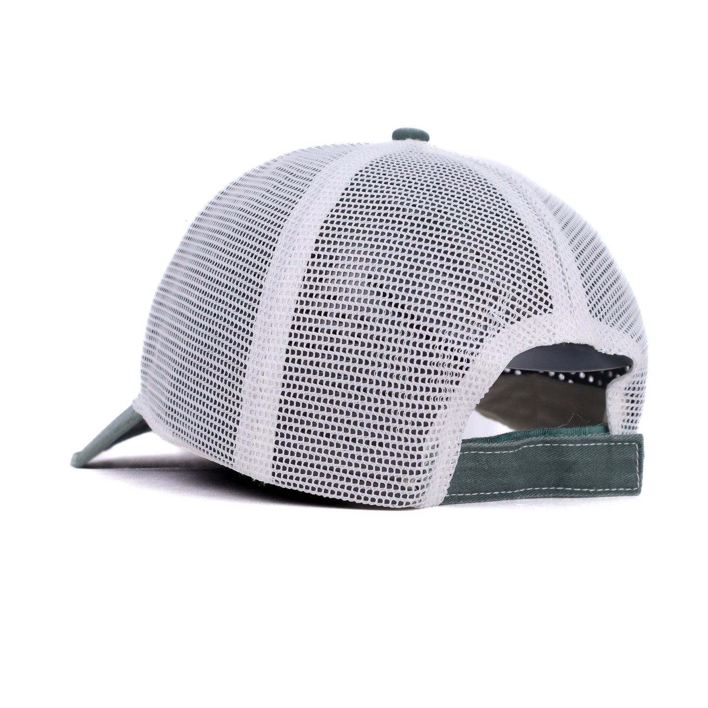 Angled back view of sage green Mom Est. 2025 trucker hat with breathable mesh panel