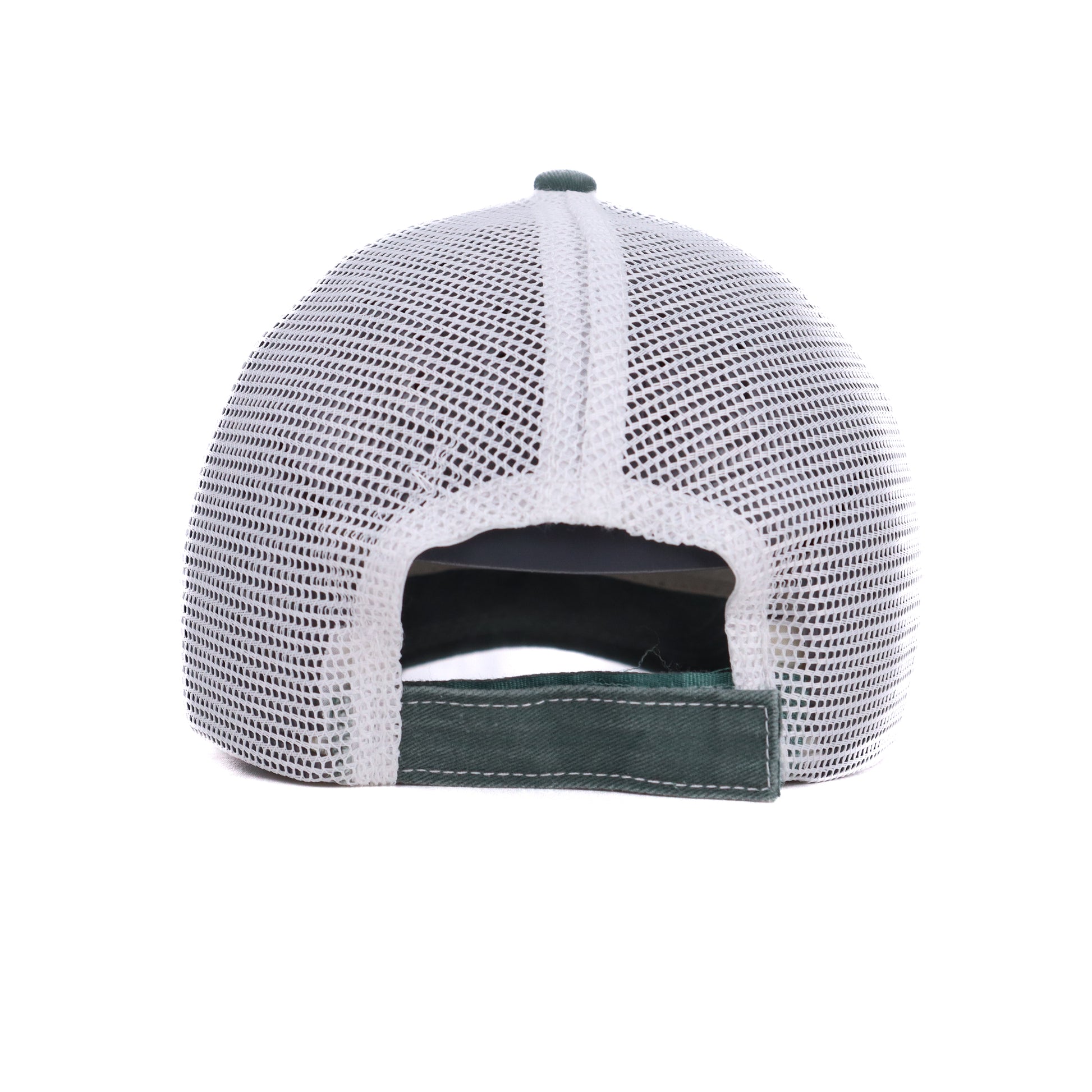 Back view of Mom Est. 2025 sage green and white mesh trucker hat with adjustable strap
