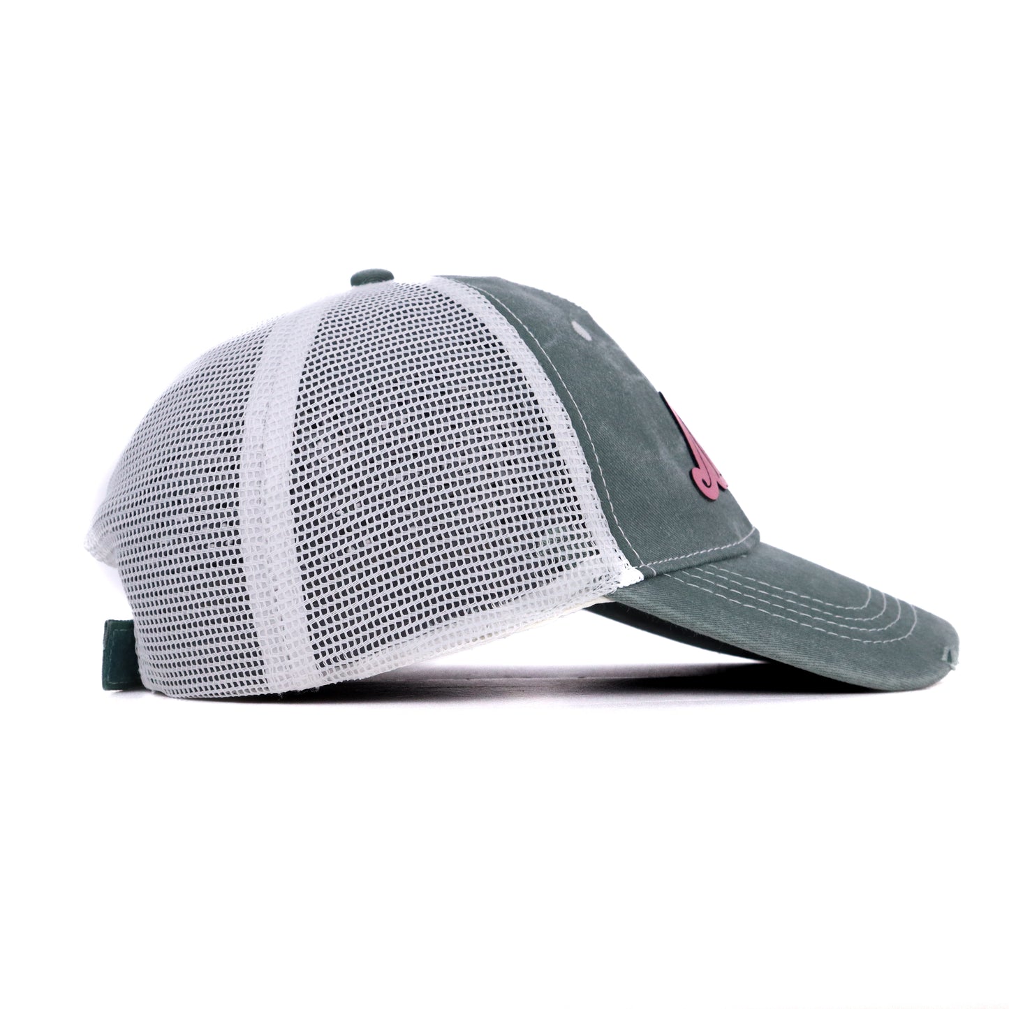 Side view of sage green Mom Est. 2025 trucker hat with white mesh back