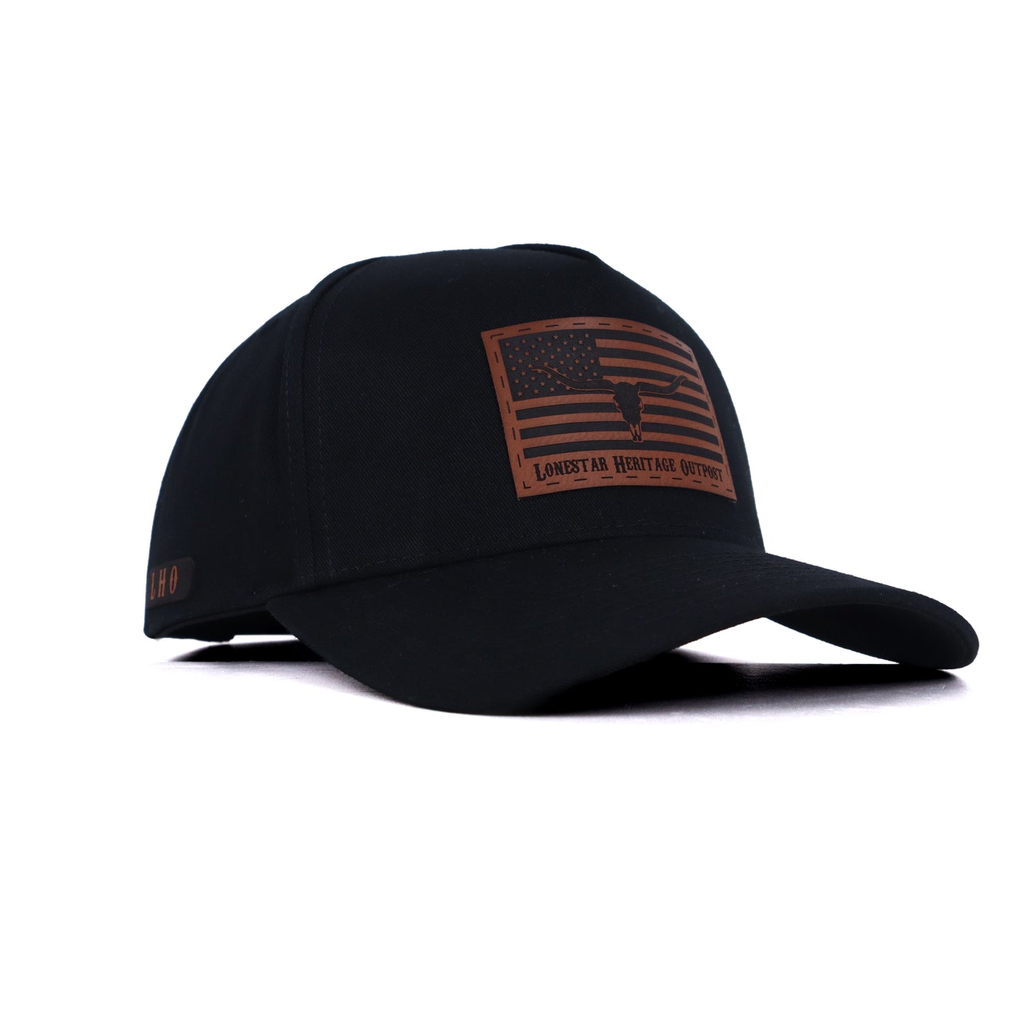 Patriotic black cap with USA flag and longhorn leather patch, handcrafted by veteran-owned Texas brand.