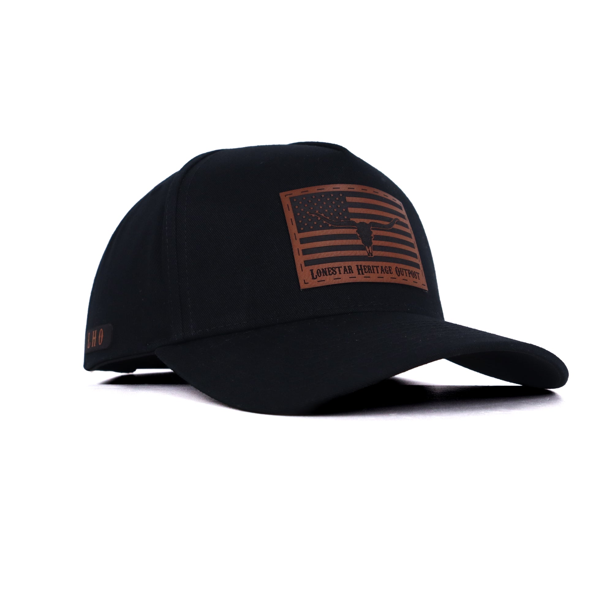 Patriotic black cap with USA flag and longhorn leather patch, handcrafted by veteran-owned Texas brand.