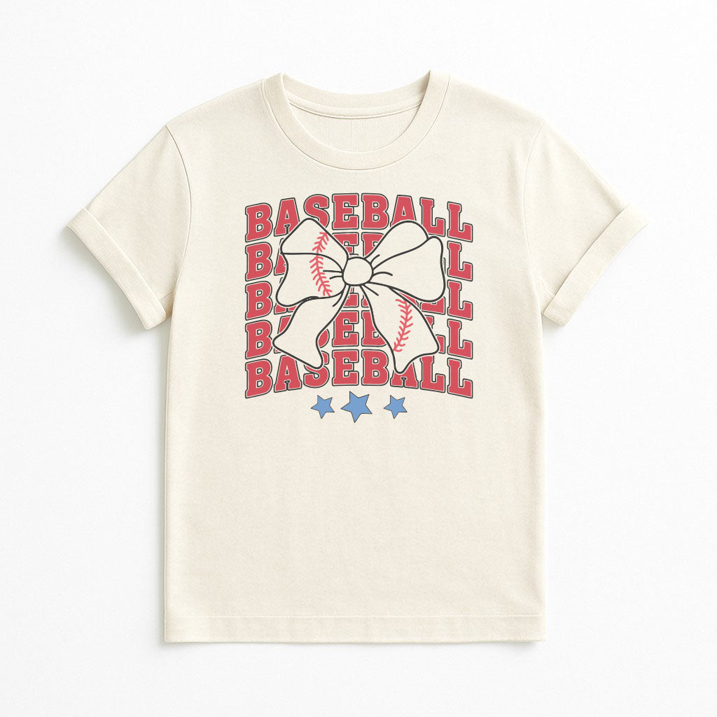 Baseball bow graphic t-shirt in natural color with retro red text and blue stars, flatlay product photo.