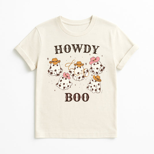 Howdy Boo cowgirl ghost Halloween t-shirt in natural color, cute Western spooky graphic tee with cowboy hats and lasso, kawaii Halloween shirt for women and kids