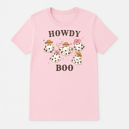 Howdy Boo pink cowgirl ghost Halloween t-shirt, cute Western graphic tee with cowboy hats and spotted ghosts, kawaii spooky season shirt for women and girls