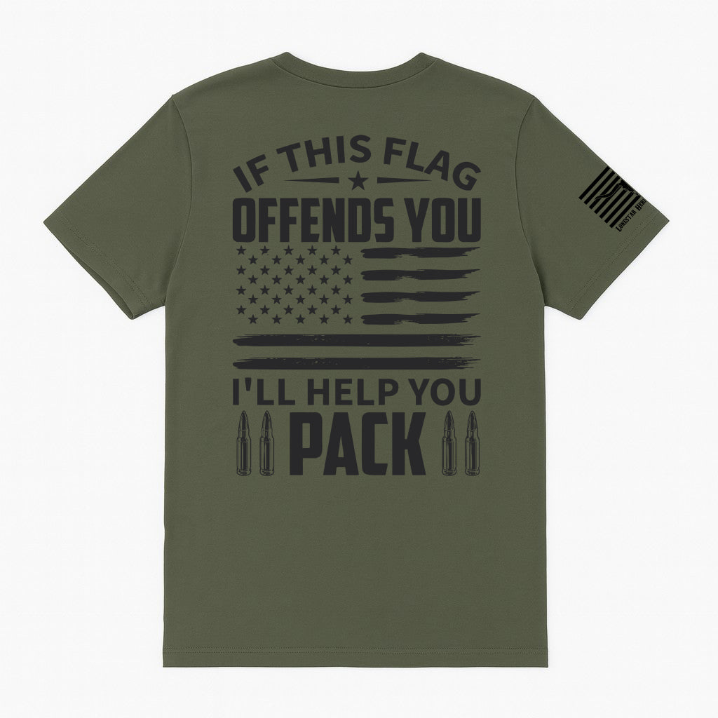 Military green patriotic t-shirt with distressed American flag and bold slogan If This Flag Offends You I'll Help You Pack, conservative pro-America graphic tee with bullet design and sleeve flag print