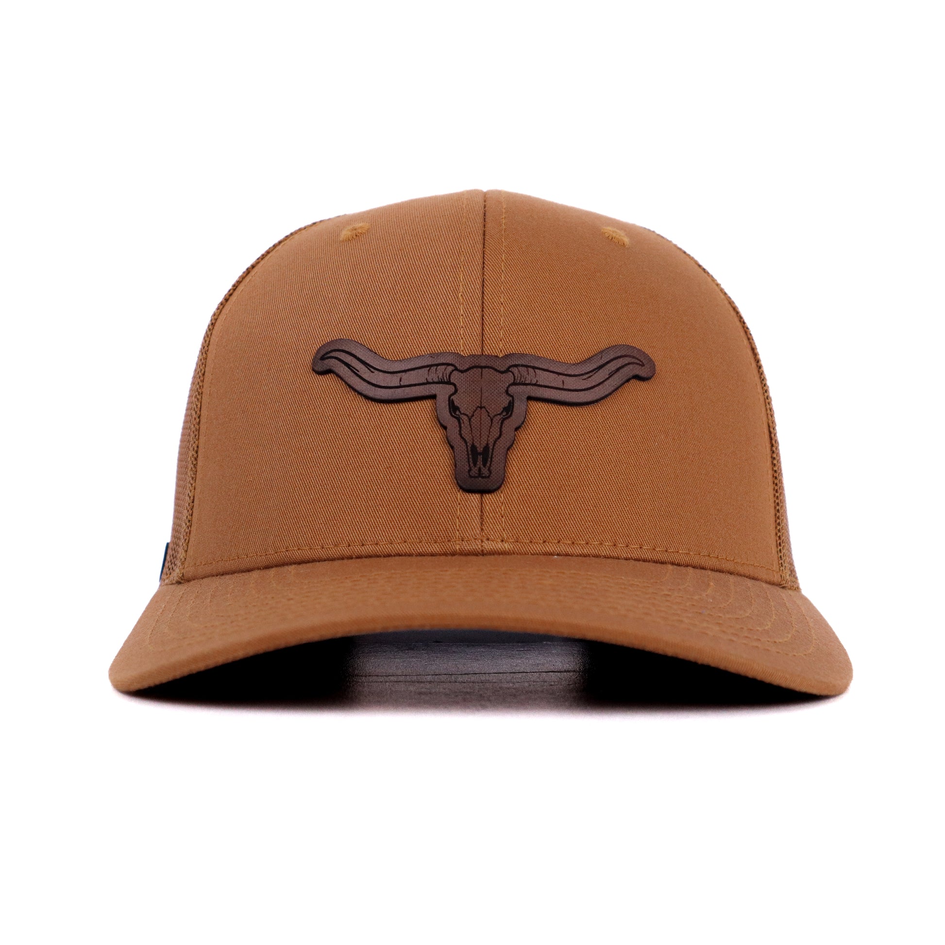Lonestar Heritage Outpost Longhorn Skull Trucker Hat in brown with engraved leather patch – Western snapback cap front view