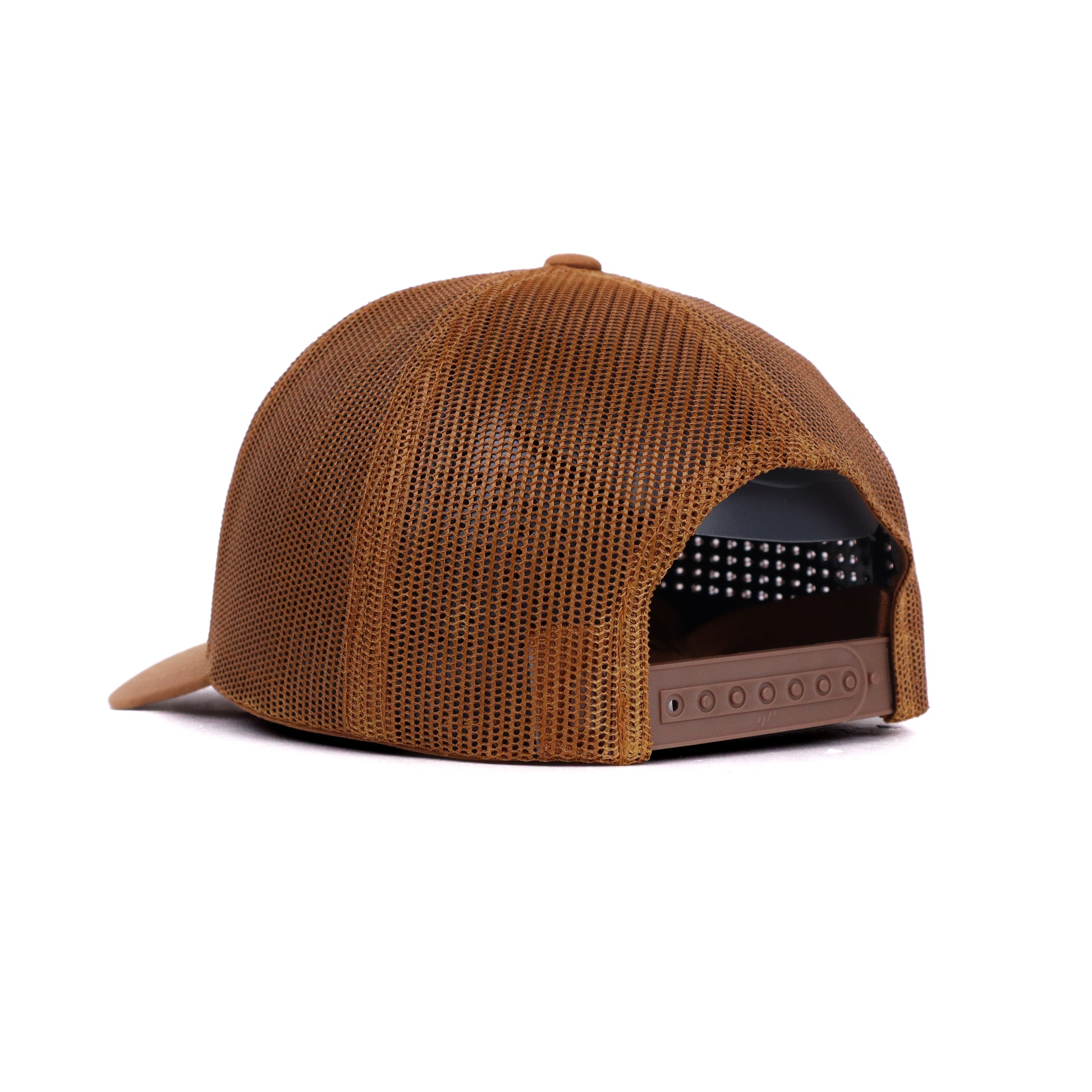 Western trucker hat in brown with Longhorn skull patch and mesh back – angled rear view