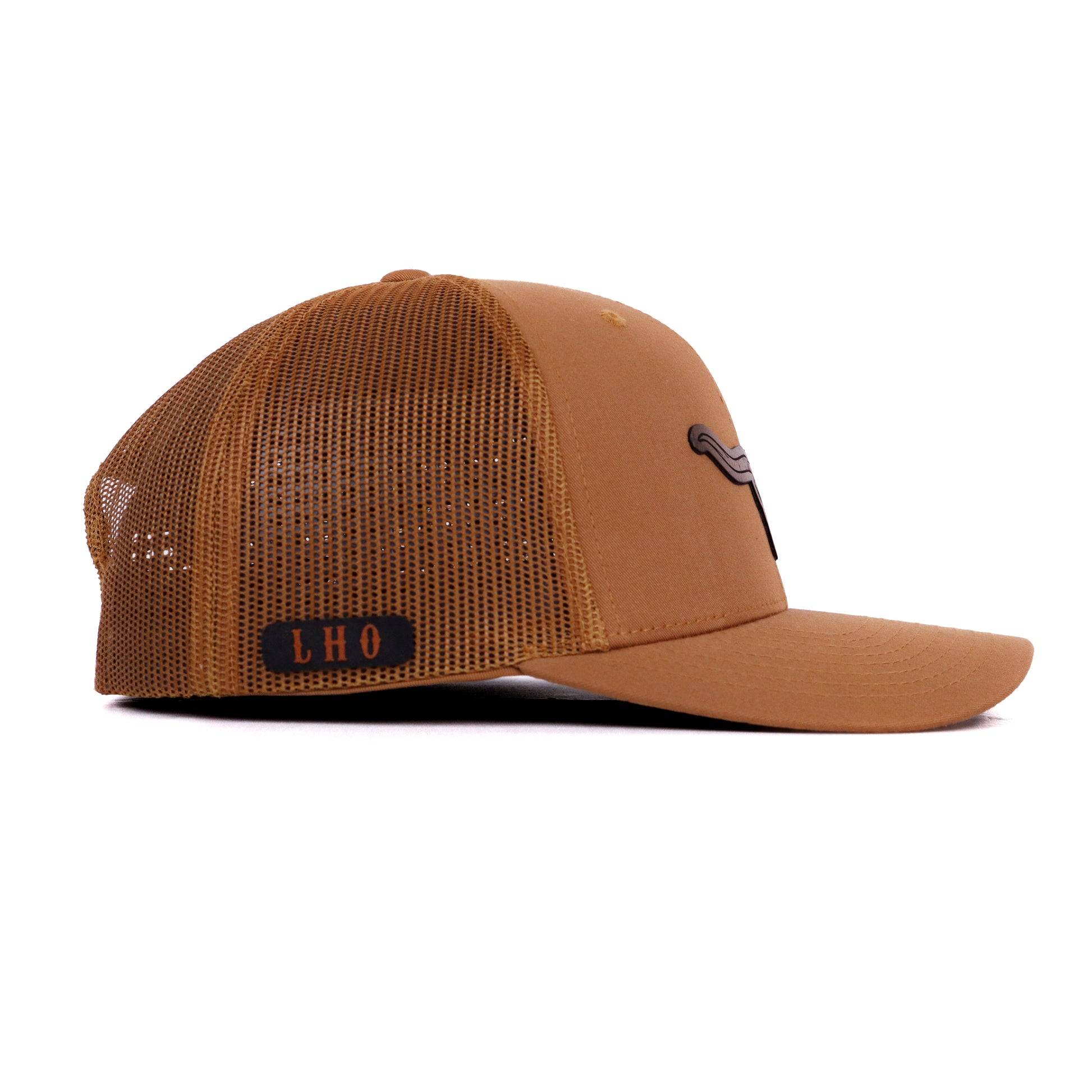 Side profile of Lonestar Heritage Longhorn Skull Trucker Hat with breathable mesh and snapback closure
