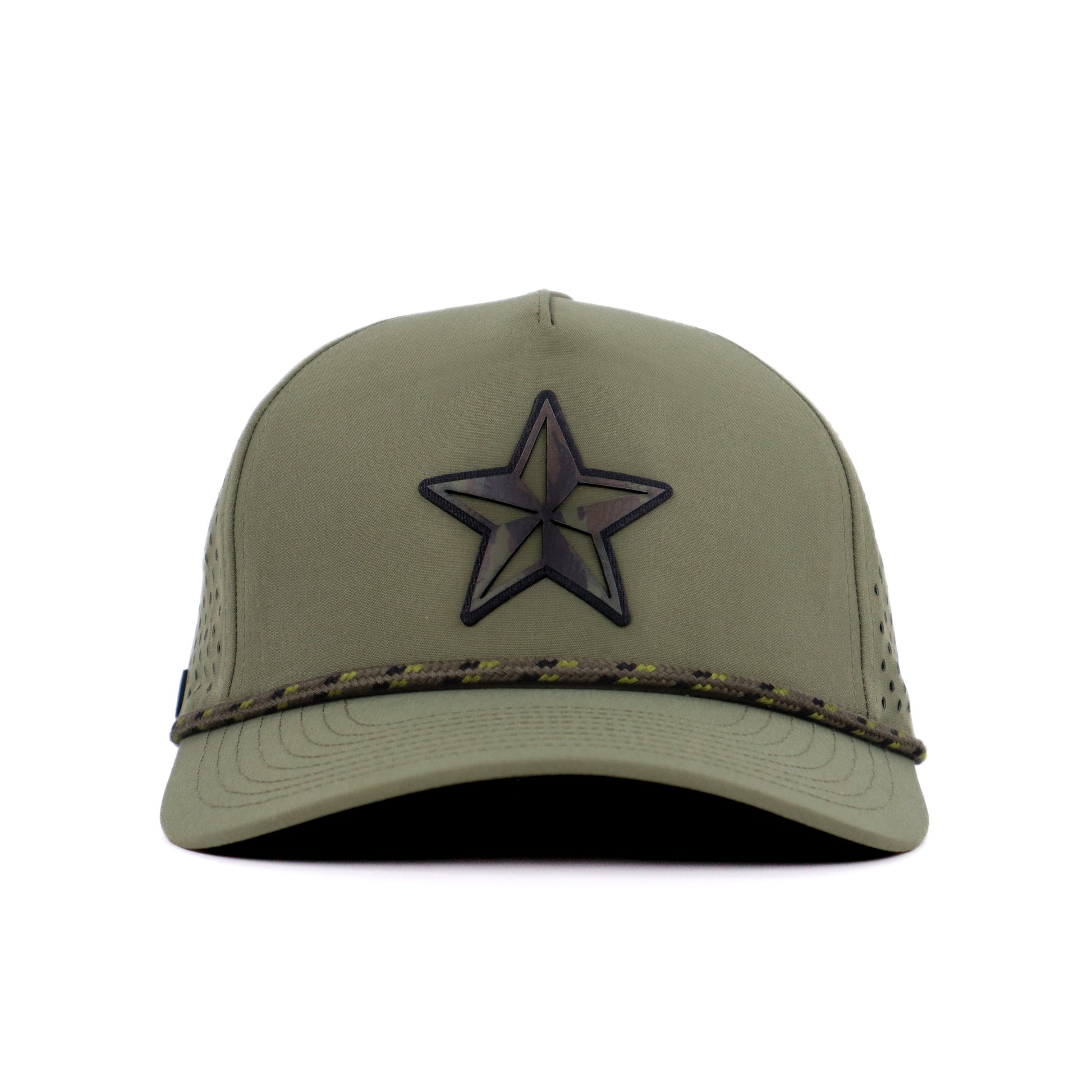 Lonestar Legend Performance Cap Green – front view with Lone Star leather patch and reflective rope accent
