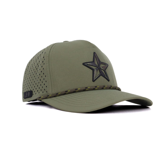 Green Texas snapback hat with engraved LHO leather detail on side panel
