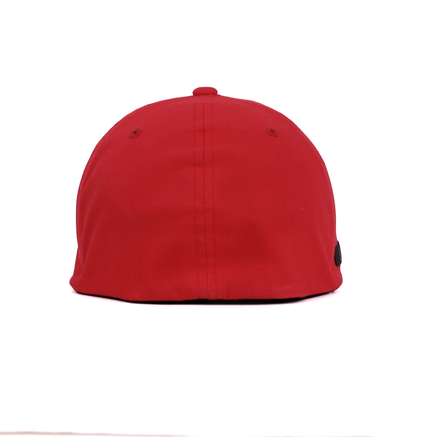 Back view of unisex patriotic red USA hat with fitted style and curved bill.